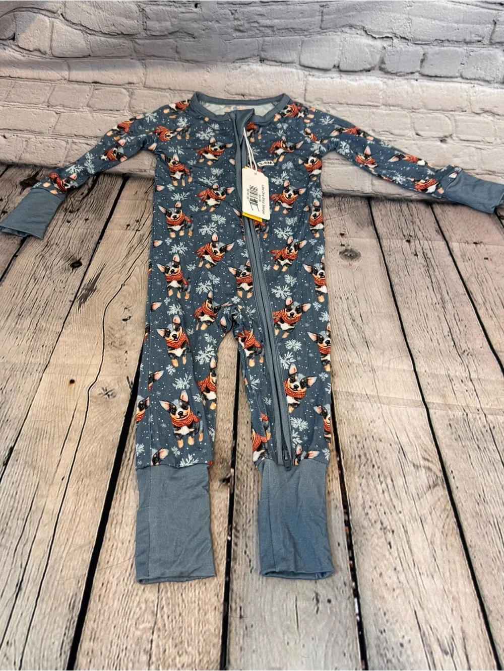 Little One Shop Winter Dog Pattern Bamboo Zippie Romper